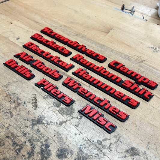 Custom Toolbox Drawer Emblems - 14 Piece Set As Shown - Italic Font