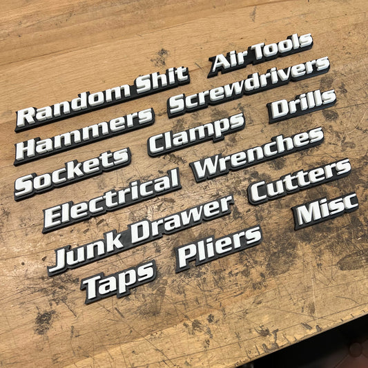 Custom Toolbox Drawer Emblems - 14 Piece Set As Shown - Italic Font