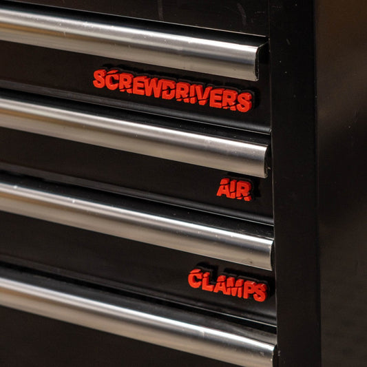 Custom Toolbox Drawer Emblems - Slash Font - Type Your Own - Multiple Colors Available