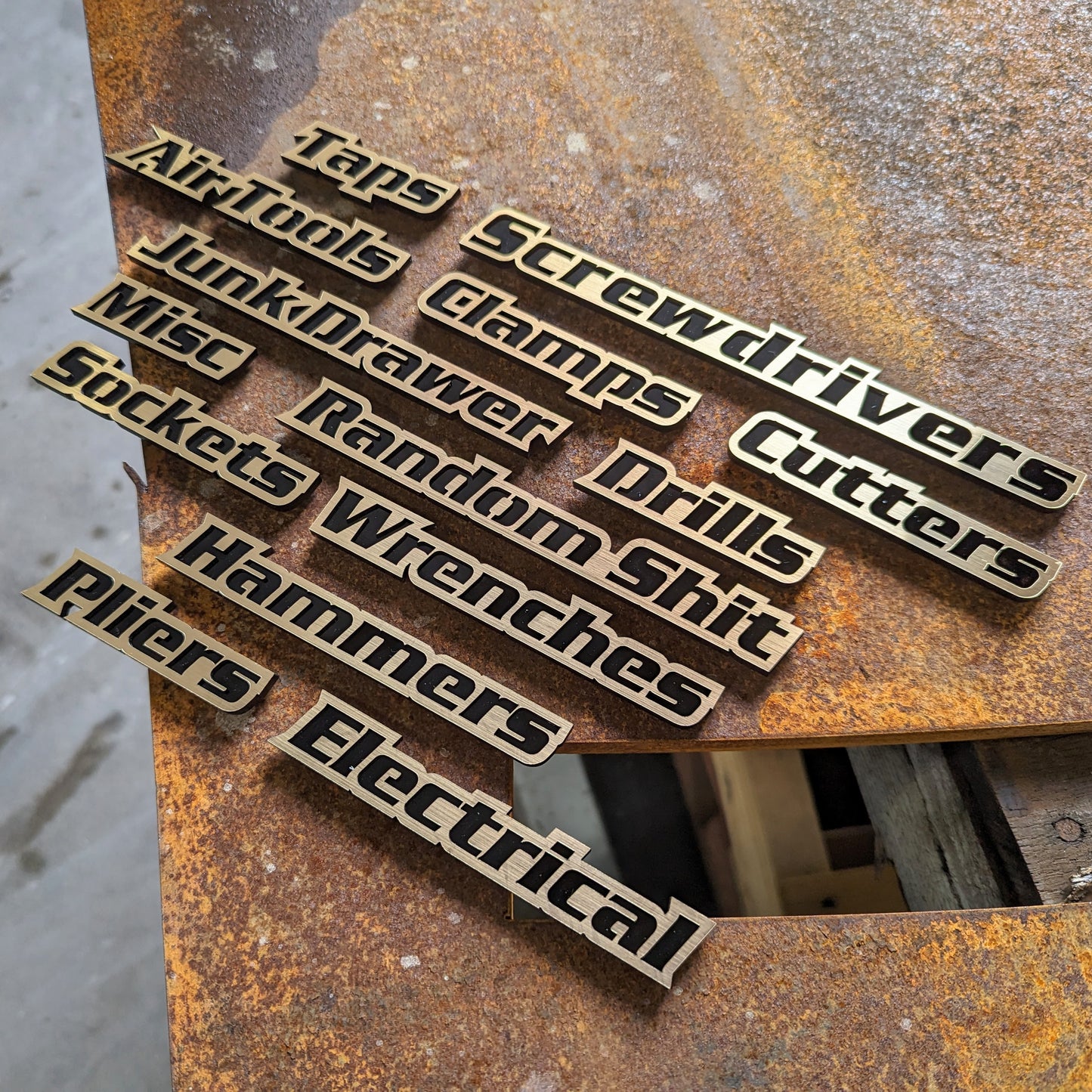 Custom Toolbox Drawer Emblems - 14 Piece Set As Shown - Brushed Gold - Italic Font