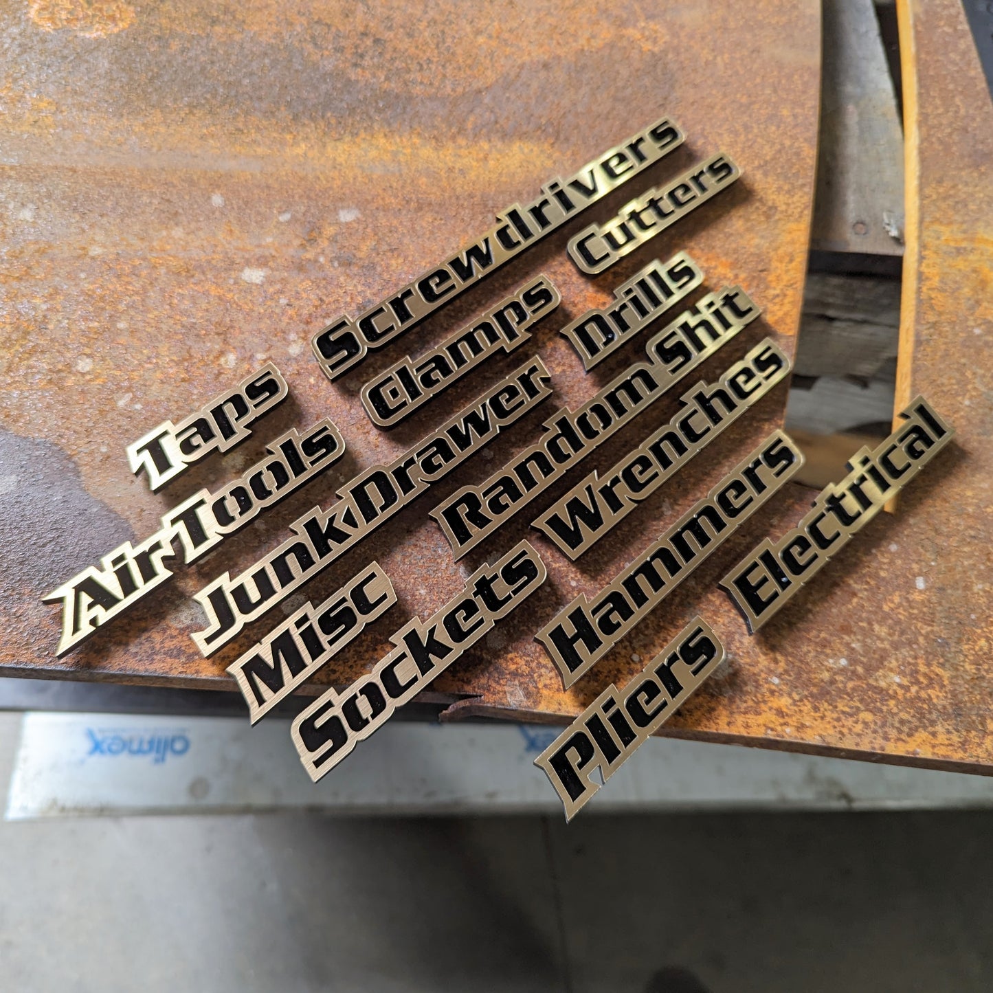 Custom Toolbox Drawer Emblems - 14 Piece Set As Shown - Brushed Gold - Italic Font