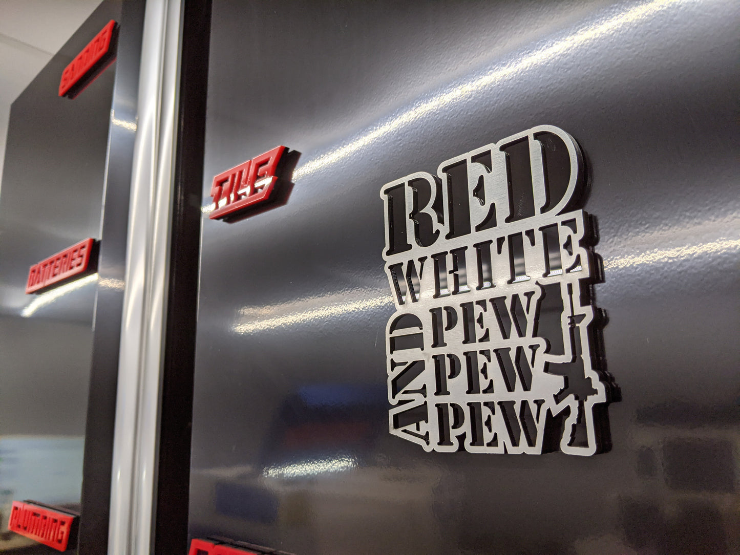 Red White and Pew Pew Pew Toolbox Emblem - Multiple Colors Available